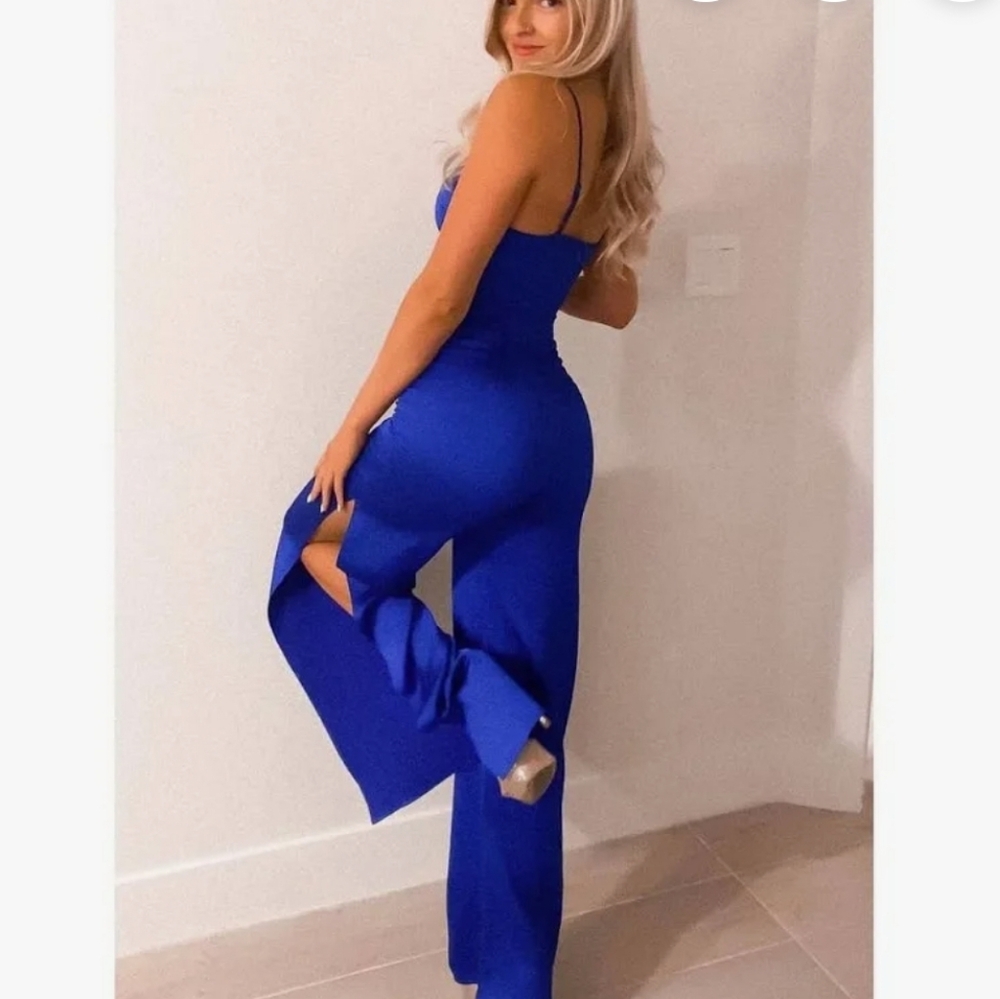Express Women's Royal Blue Surplice Neckline Leg Slits Jumpsuit